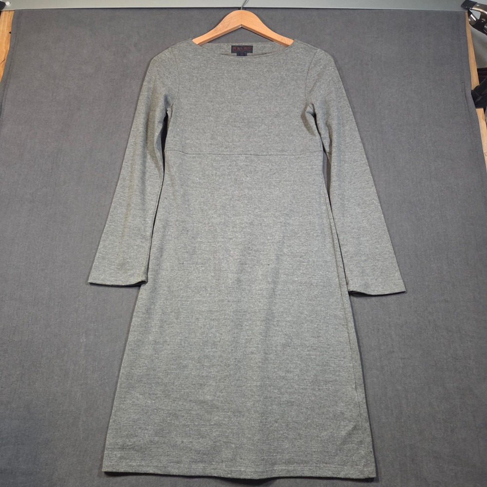 Vintage Ralph Lauren Gray Knit Midi Dress Long Sleeve Boat Neck Size M 90s LRL